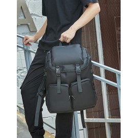 Men's Casual Solid Color Daily Trave School Students Large Capacity Push Buckle Design Backpack