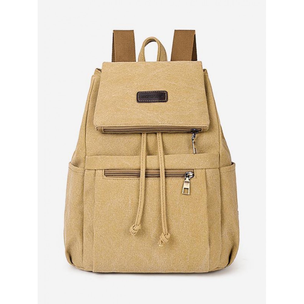 Drawstring Patch Decor Canvas Backpack