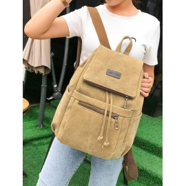 Drawstring Patch Decor Canvas Backpack