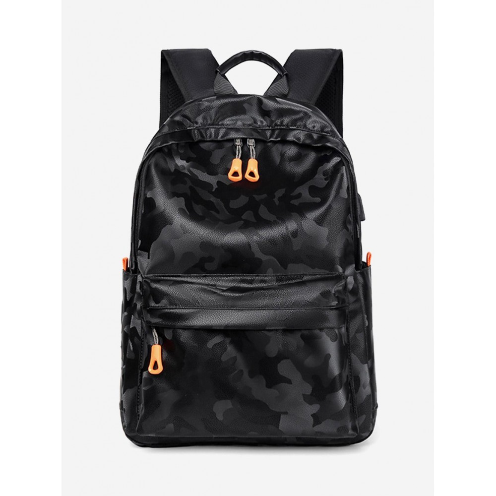 Unisex Fashion Casual Camo Pattern PU Leather Computer Laptop Notebook School Students Travel Backpack with USB Charging Port for Men and Women