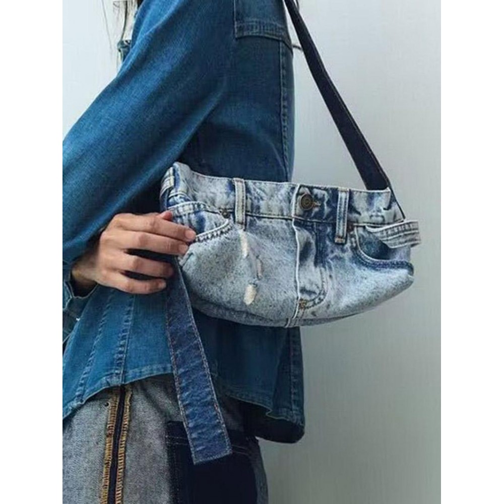 Women's Retro Washed Patchwork Design Ripped Denim Shoulder Bag