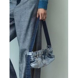 Women's Retro Washed Patchwork Design Ripped Denim Shoulder Bag