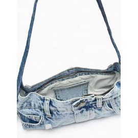 Women's Retro Washed Patchwork Design Ripped Denim Shoulder Bag