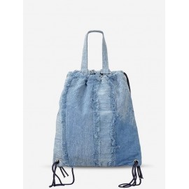 Women's Daily Denim Outdoor Sports Drawstring Frayed Fringed Design Shoulder Bag