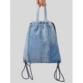 Women's Daily Denim Outdoor Sports Drawstring Frayed Fringed Design Shoulder Bag