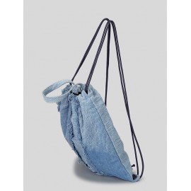 Women's Daily Denim Outdoor Sports Drawstring Frayed Fringed Design Shoulder Bag