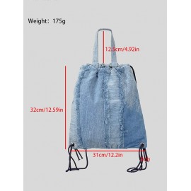 Women's Daily Denim Outdoor Sports Drawstring Frayed Fringed Design Shoulder Bag