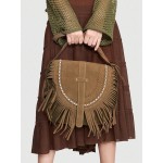 Women's Ethnic Retro Solid Color Faux Suede Fringed Buckle Decorated Saddle Shoulder Bag