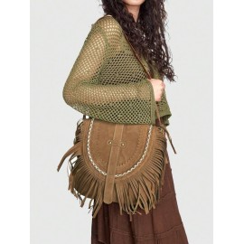 Women's Ethnic Retro Solid Color Faux Suede Fringed Buckle Decorated Saddle Shoulder Bag