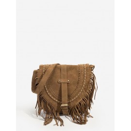 Women's Ethnic Retro Solid Color Faux Suede Fringed Buckle Decorated Saddle Shoulder Bag