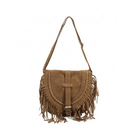 Women's Ethnic Retro Solid Color Faux Suede Fringed Buckle Decorated Saddle Shoulder Bag