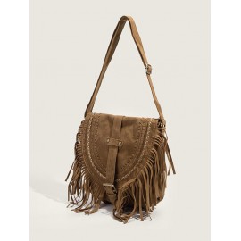 Women's Ethnic Retro Solid Color Faux Suede Fringed Buckle Decorated Saddle Shoulder Bag