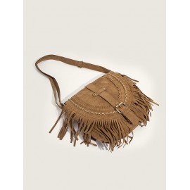 Women's Ethnic Retro Solid Color Faux Suede Fringed Buckle Decorated Saddle Shoulder Bag