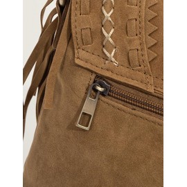 Women's Ethnic Retro Solid Color Faux Suede Fringed Buckle Decorated Saddle Shoulder Bag