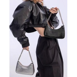 Women's Fashion Daily Metallic Solid Color Chain Strap Underarm Shoulder Baguette Bag