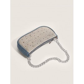 Women's Fashion Y2K Daily Rhinestones Decor Metal Chian Denim Shoulder Underarm Baguette Bag