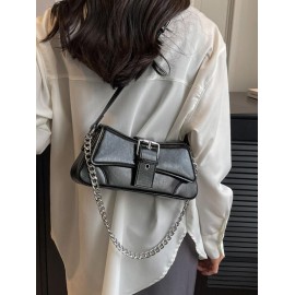 Women's Fashion Daily Metallic Solid Color Chain Strap Buckle Design Underarm Shoulder Baguette Bag