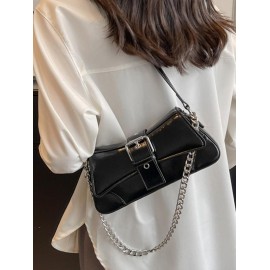 Women's Fashion Daily Metallic Solid Color Chain Strap Buckle Design Underarm Shoulder Baguette Bag