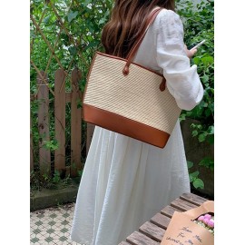 Women's Daily Casual Beach Vacation Colorblock Two Tone Straw Tote Shoulder Bag