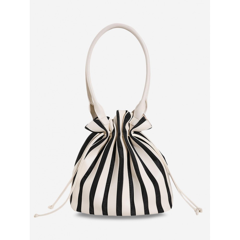 Women's Fashion Daily Office Vertical Striped Drawstring Shoulder Tote Bucket Bag