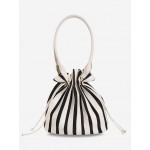 Women's Fashion Daily Office Vertical Striped Drawstring Shoulder Tote Bucket Bag