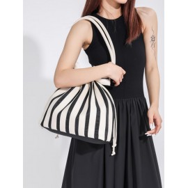 Women's Fashion Daily Office Vertical Striped Drawstring Shoulder Tote Bucket Bag