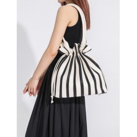 Women's Fashion Daily Office Vertical Striped Drawstring Shoulder Tote Bucket Bag