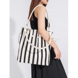 Women's Fashion Daily Office Vertical Striped Drawstring Shoulder Tote Bucket Bag