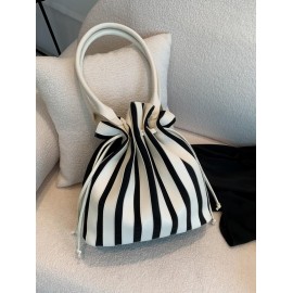 Women's Fashion Daily Office Vertical Striped Drawstring Shoulder Tote Bucket Bag