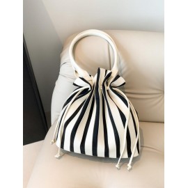 Women's Fashion Daily Office Vertical Striped Drawstring Shoulder Tote Bucket Bag