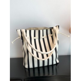 Women's Fashion Daily Office Vertical Striped Drawstring Shoulder Tote Bucket Bag