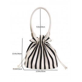 Women's Fashion Daily Office Vertical Striped Drawstring Shoulder Tote Bucket Bag