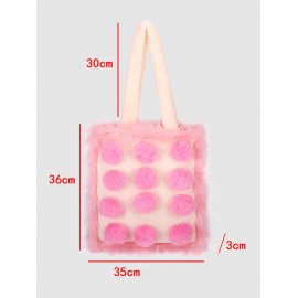 Women's Daily Fashion Fuzzy Pompoms Decor Fluffy Furry Faux Fur Panel Large Capacity Shoulder Tote Bag