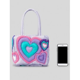 Women's Fashion Y2K Daily Colorblock Heart Motif Macaron Color Padded Quilted Puffer Design Shoulder Tote Bag