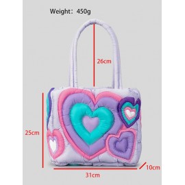 Women's Fashion Y2K Daily Colorblock Heart Motif Macaron Color Padded Quilted Puffer Design Shoulder Tote Bag