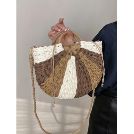 Semicircle Colorblock Beach Raffia Crossbody Bag