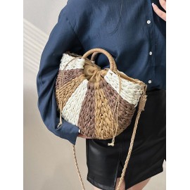 Semicircle Colorblock Beach Raffia Crossbody Bag