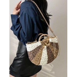 Semicircle Colorblock Beach Raffia Crossbody Bag