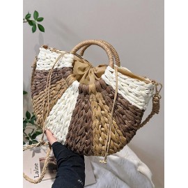 Semicircle Colorblock Beach Raffia Crossbody Bag