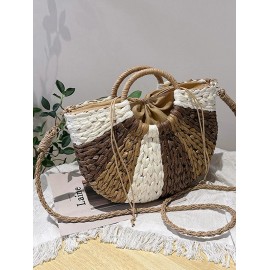 Semicircle Colorblock Beach Raffia Crossbody Bag