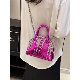 Metallic Rhinestone Tassel Embossed Shell Shape Chain Tote Bag