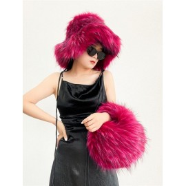 Women's Y2K Aesthetic Punk Style Colorblock Fluffy Faux Raccoon Fur Club Chain Hobo Tote Bag