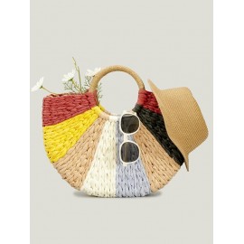 Colorblock Straw Braided Beach Boho Tote Bag