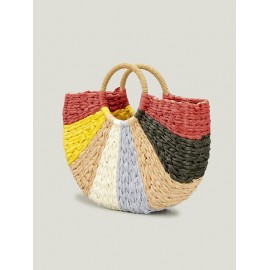 Colorblock Straw Braided Beach Boho Tote Bag