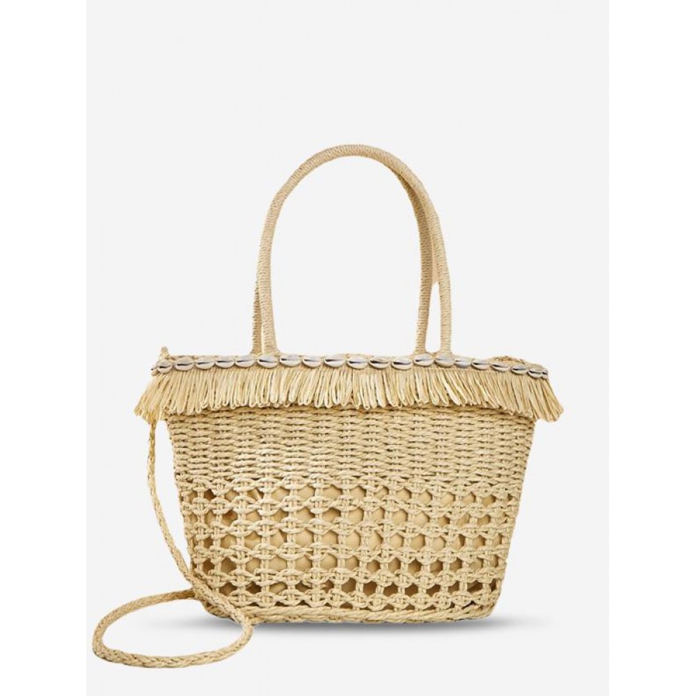 Shell Embellished Fringed Beach Vacation Straw Tote Bag