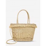 Shell Embellished Fringed Beach Vacation Straw Tote Bag