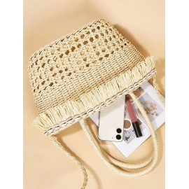 Shell Embellished Fringed Beach Vacation Straw Tote Bag