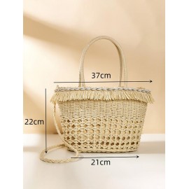 Shell Embellished Fringed Beach Vacation Straw Tote Bag