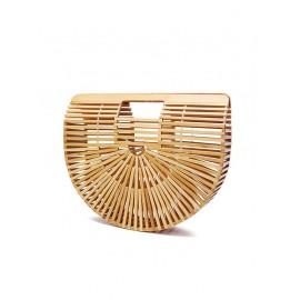 Women's Beach Summer Vacation Handmade Top Handle Bamboo Woven Semicircle Shaped Handbag Clutches Tote Bag