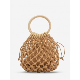 Handmade Braid Drawstring Wooden Handle Beach Tote Bag